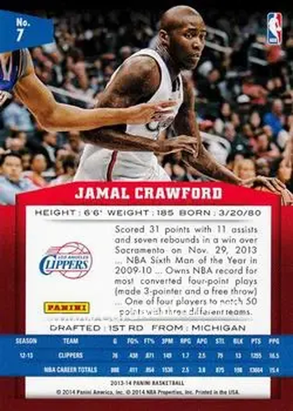 2013-14 Panini #7 - Jamal Crawford - Los Angeles Clippers - Back
