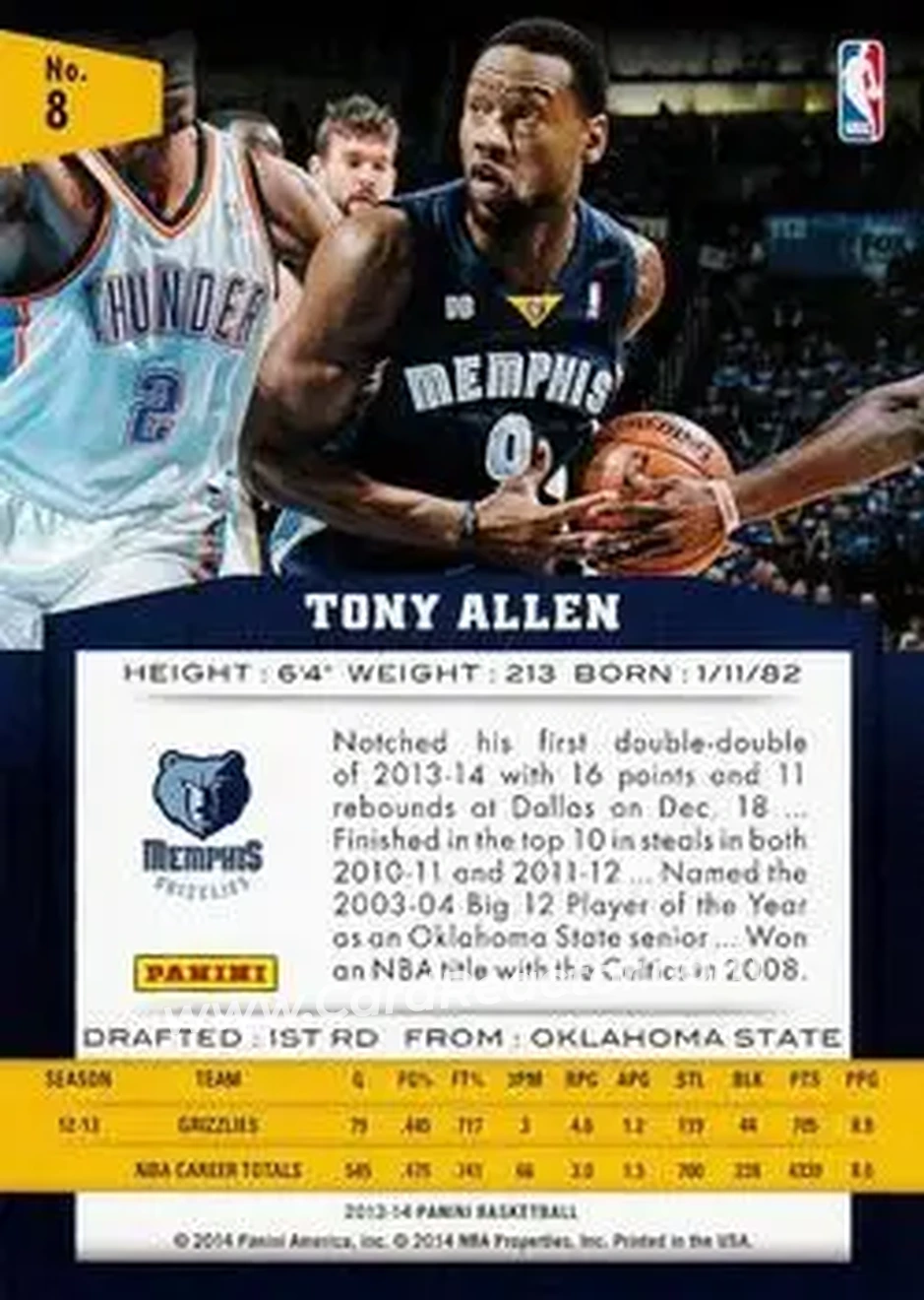 2013-14 Panini #8 - Tony Allen - Memphis Grizzlies - Back 2013-14 Panini #8 - Tony Allen - Memphis Grizzlies - Back
