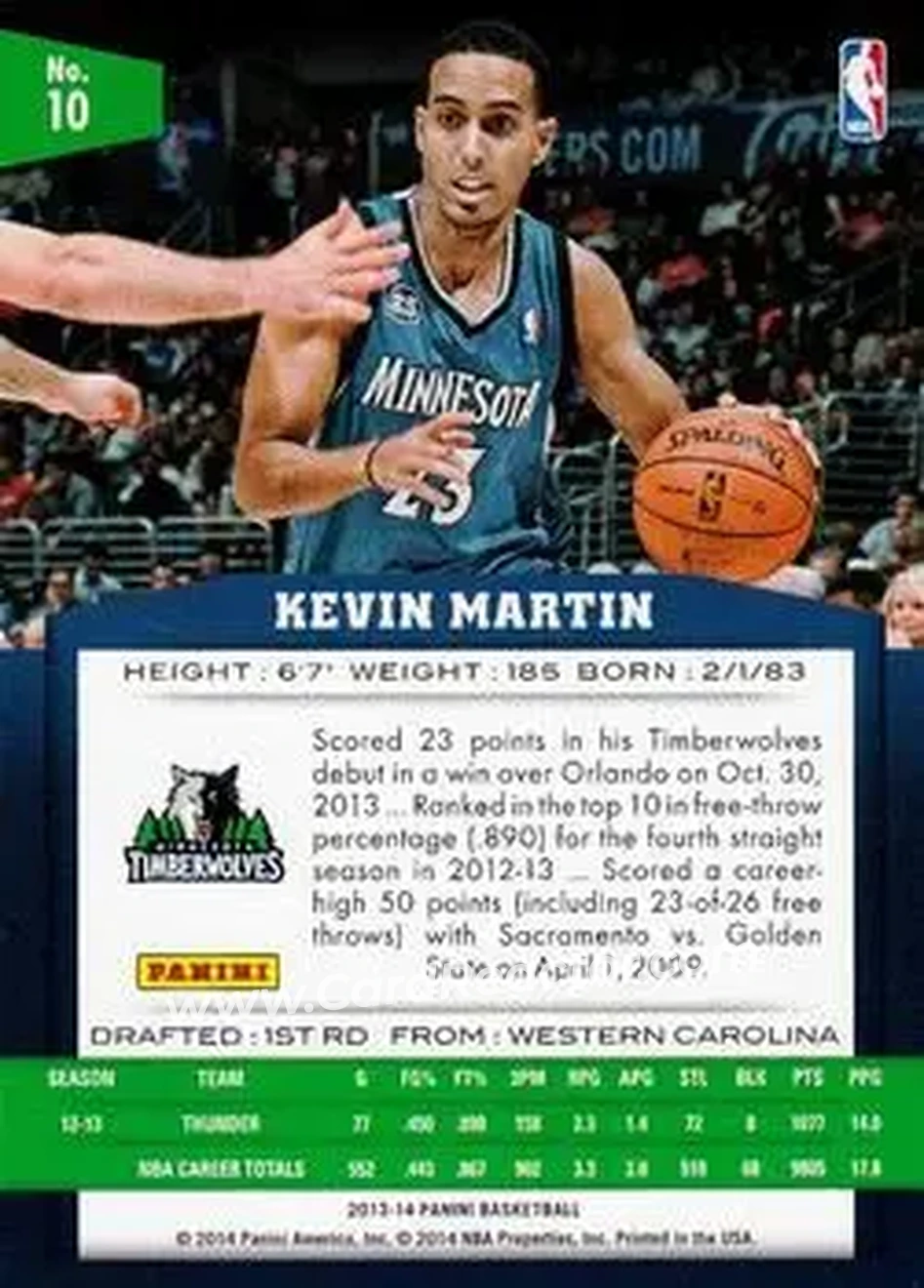 2013-14 Panini #10 - Kevin Martin - Minnesota Timberwolves - Back 2013-14 Panini #10 - Kevin Martin - Minnesota Timberwolves - Back