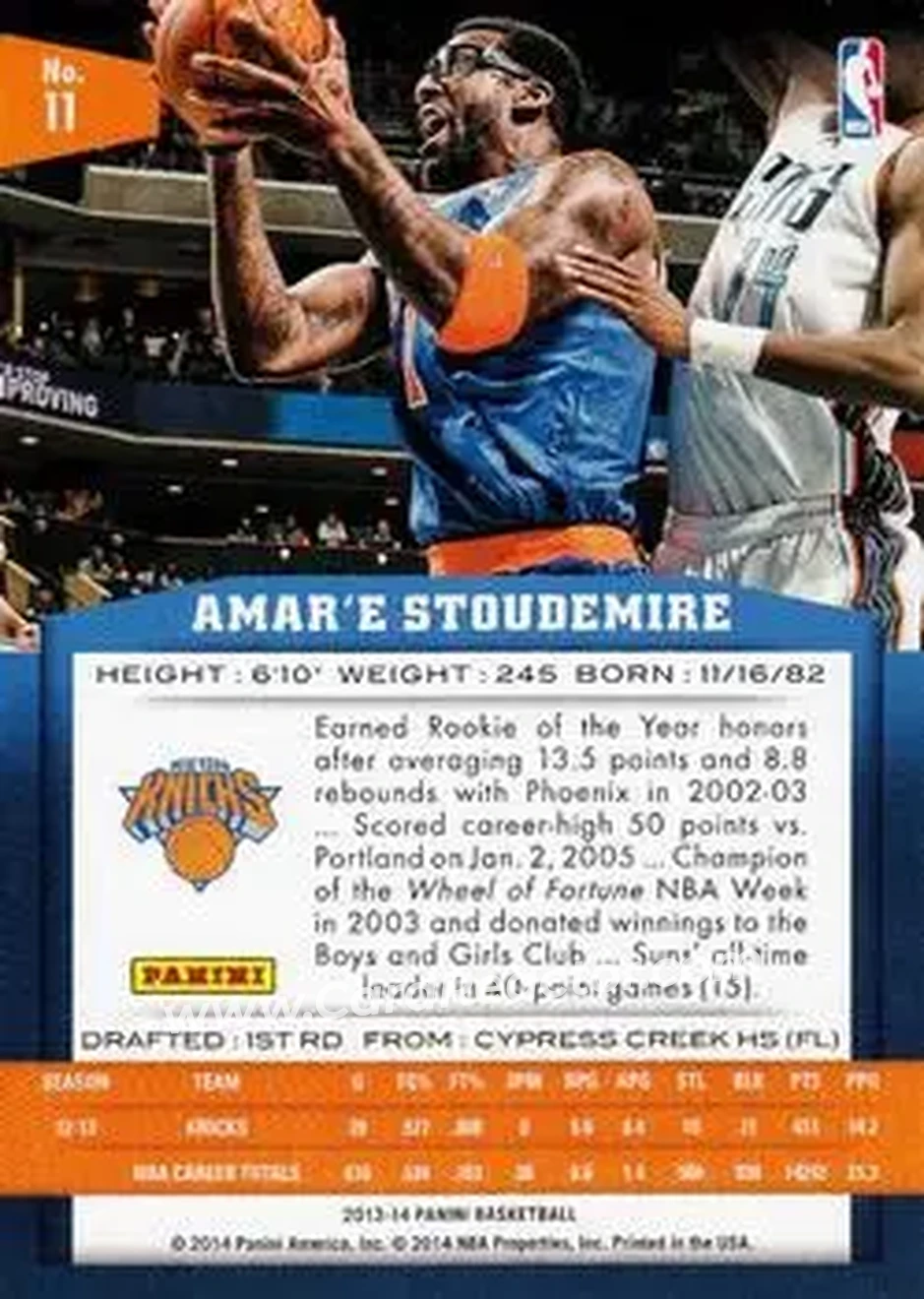 2013-14 Panini #11 - Amar'e Stoudemire - New York Knicks - Back