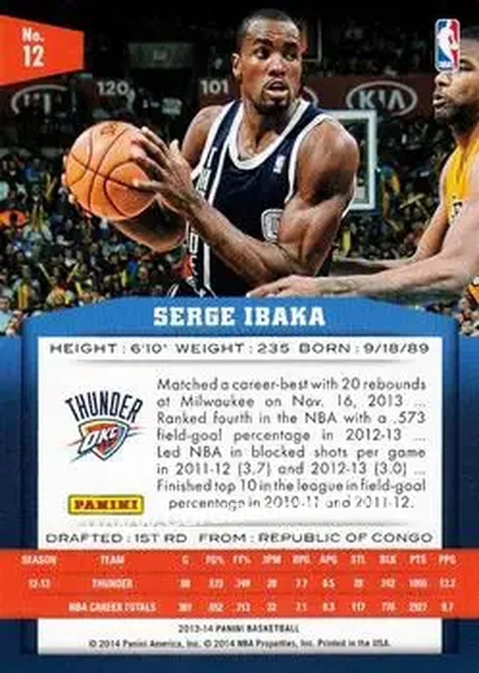 2013-14 Panini #12 - Serge Ibaka - Oklahoma City Thunder - Back