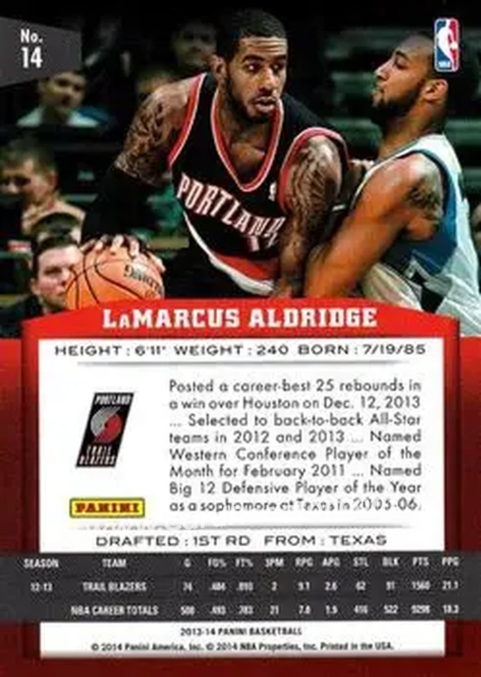 2013-14 Panini #14 - LaMarcus Aldridge - Portland Trail Blazers - Back 2013-14 Panini #14 - LaMarcus Aldridge - Portland Trail Blazers - Back