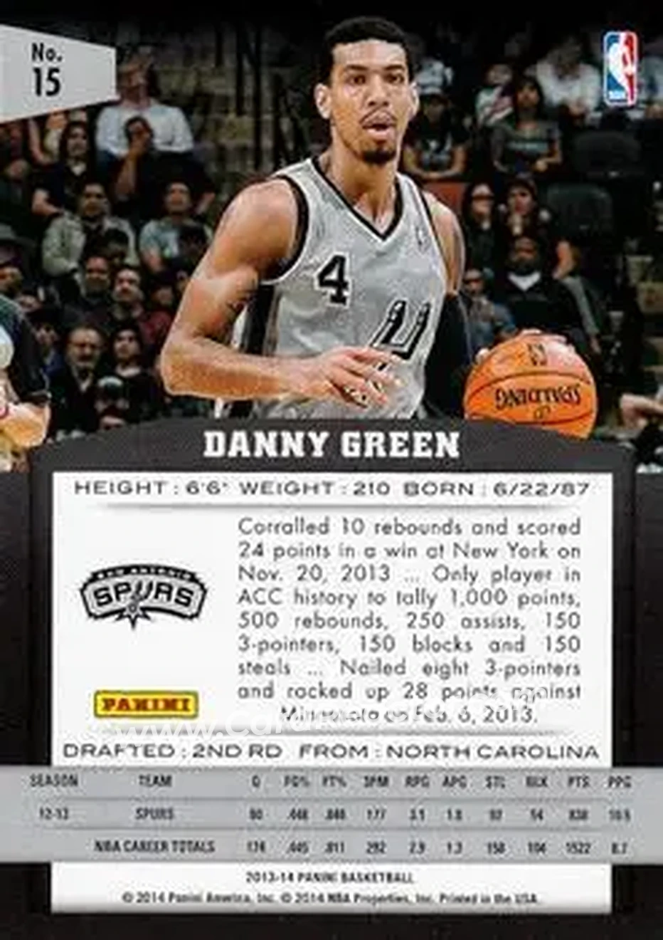 2013-14 Panini #15 - Danny Green - San Antonio Spurs - Back