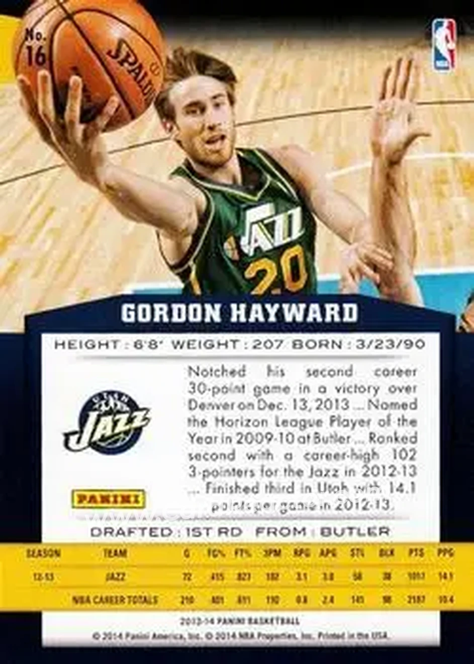 2013-14 Panini #16 - Gordon Hayward - Utah Jazz - Back