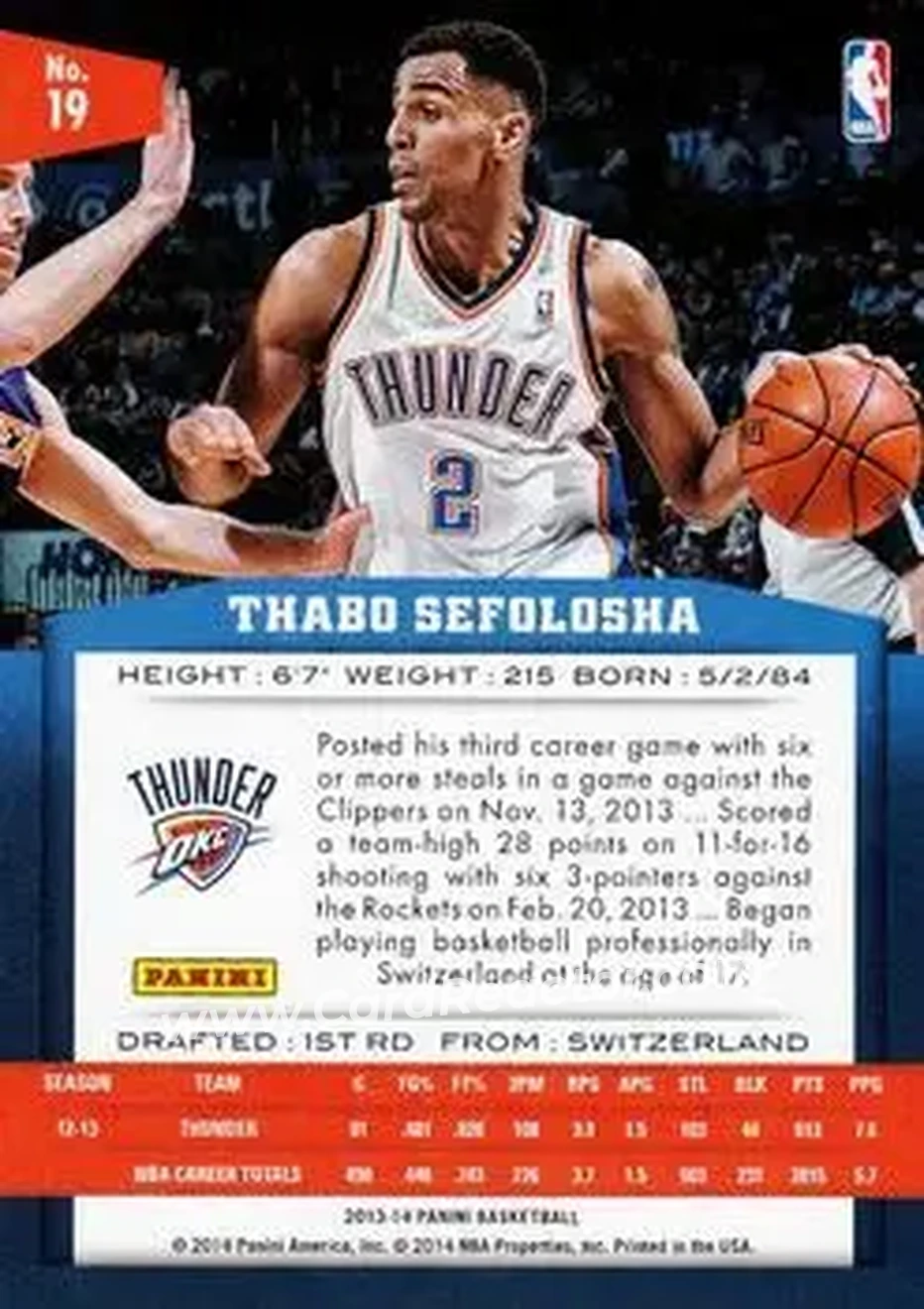2013-14 Panini #19 - Thabo Sefolosha - Oklahoma City Thunder - Back 2013-14 Panini #19 - Thabo Sefolosha - Oklahoma City Thunder - Back
