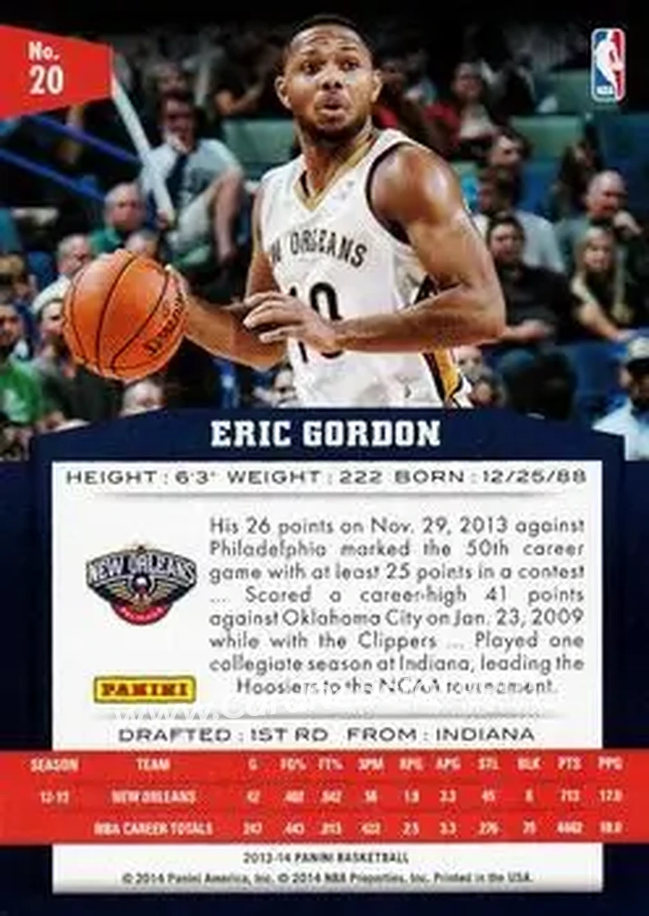 2013-14 Panini #20 - Eric Gordon - New Orleans Pelicans - Back