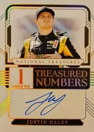 2025 Panini National Treasures - Treasured Numbers Signatures Holo Gold #TNS-JHY - Justin Haley - Spire Motorsports