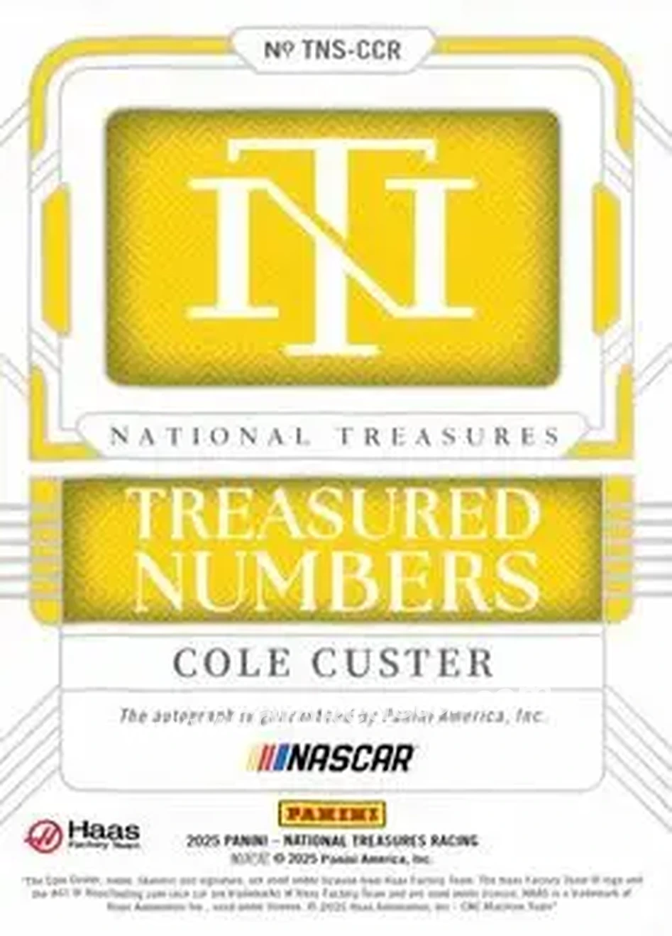 2025 Panini National Treasures - Treasured Numbers Signatures Holo Silver #TNS-CCR - Cole Custer - Haas Factory Team - Back