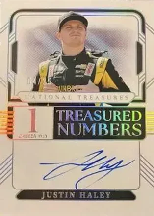 2025 Panini National Treasures - Treasured Numbers Signatures Holo Silver #TNS-JHY - Justin Haley - Spire Motorsports