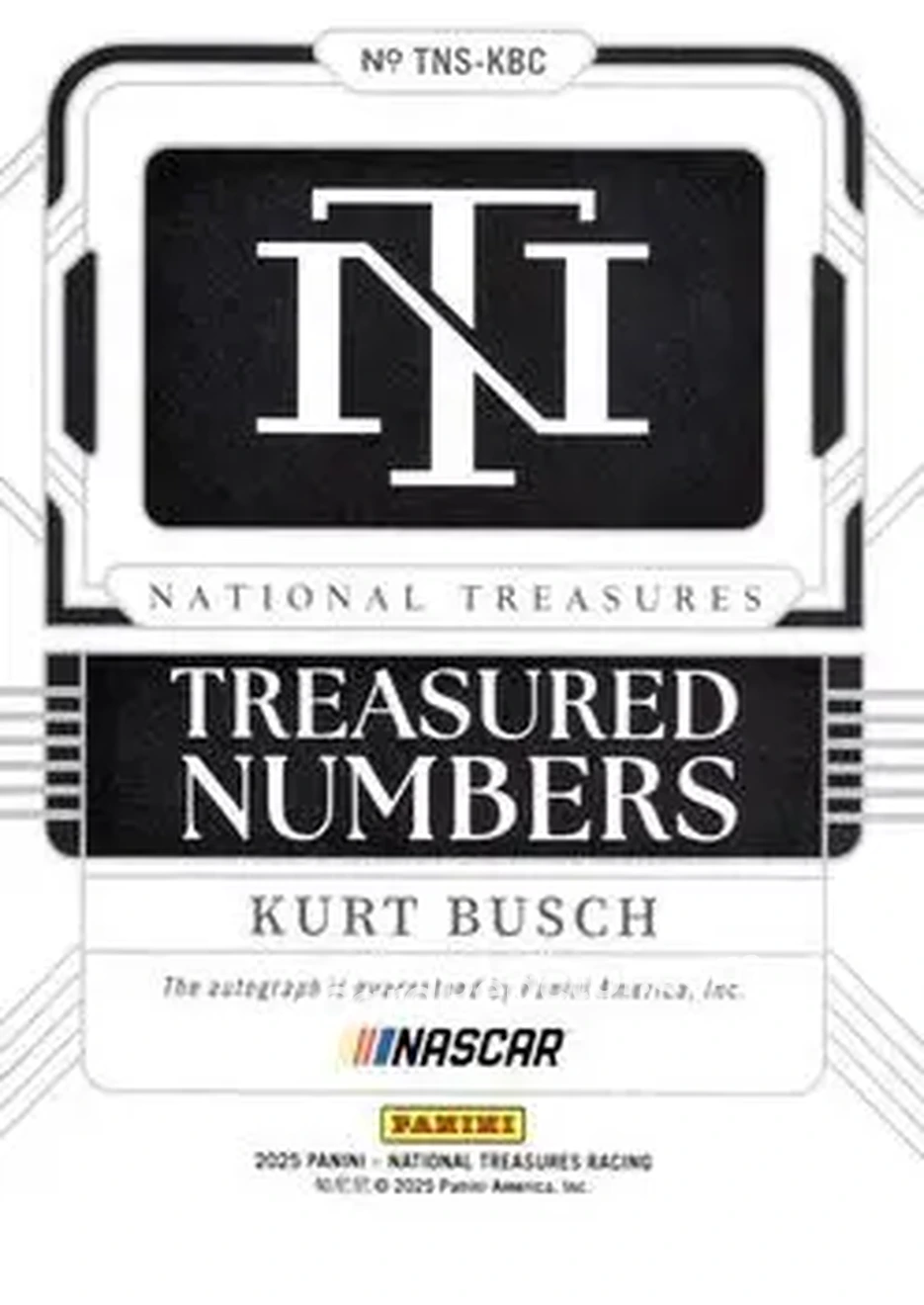 2025 Panini National Treasures - Treasured Numbers Signatures Holo Silver #TNS-KBC - Kurt Busch - Stewart-Haas Racing - Back 2025 Panini National Treasures - Treasured Numbers Signatures Holo Silver #TNS-KBC - Kurt Busch - Stewart-Haas Racing - Back
