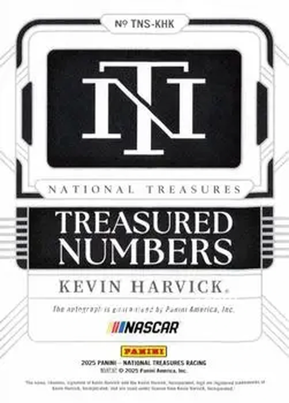 2025 Panini National Treasures - Treasured Numbers Signatures Holo Silver #TNS-KHK - Kevin Harvick - Stewart-Haas Racing - Back 2025 Panini National Treasures - Treasured Numbers Signatures Holo Silver #TNS-KHK - Kevin Harvick - Stewart-Haas Racing - Back