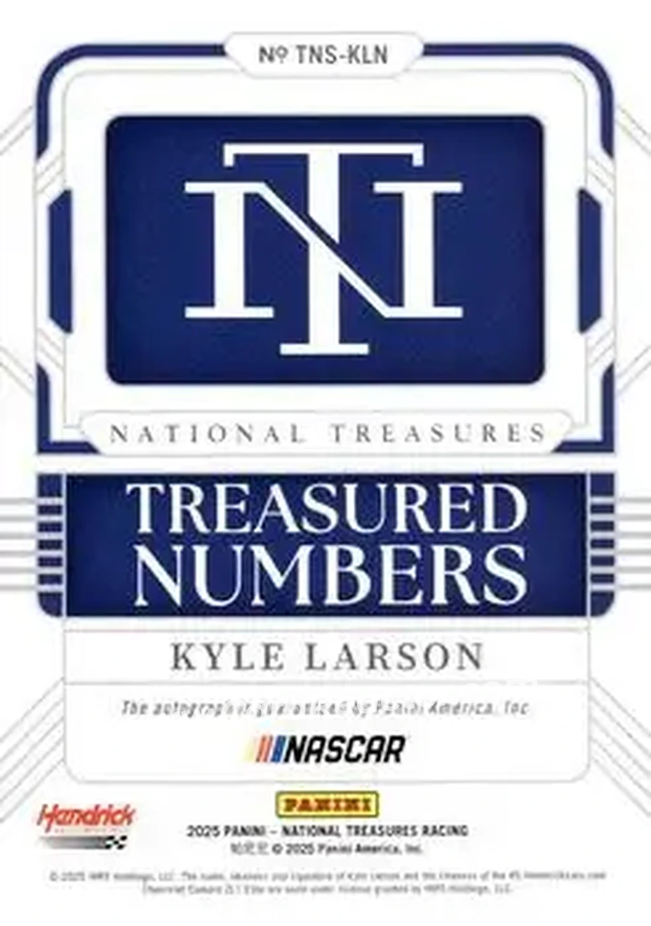2025 Panini National Treasures - Treasured Numbers Signatures Holo Silver #TNS-KLN - Kyle Larson - Hendrick Motorsports - Back