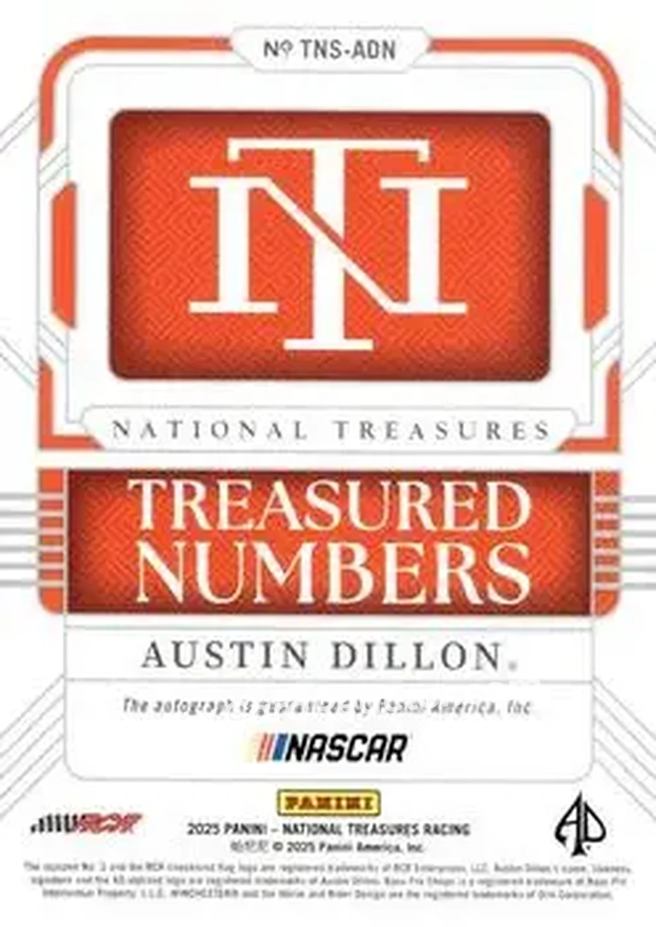 2025 Panini National Treasures - Treasured Numbers Signatures Platinum #TNS-ADN - Austin Dillon - Richard Childress Racing - Back 2025 Panini National Treasures - Treasured Numbers Signatures Platinum #TNS-ADN - Austin Dillon - Richard Childress Racing - Back