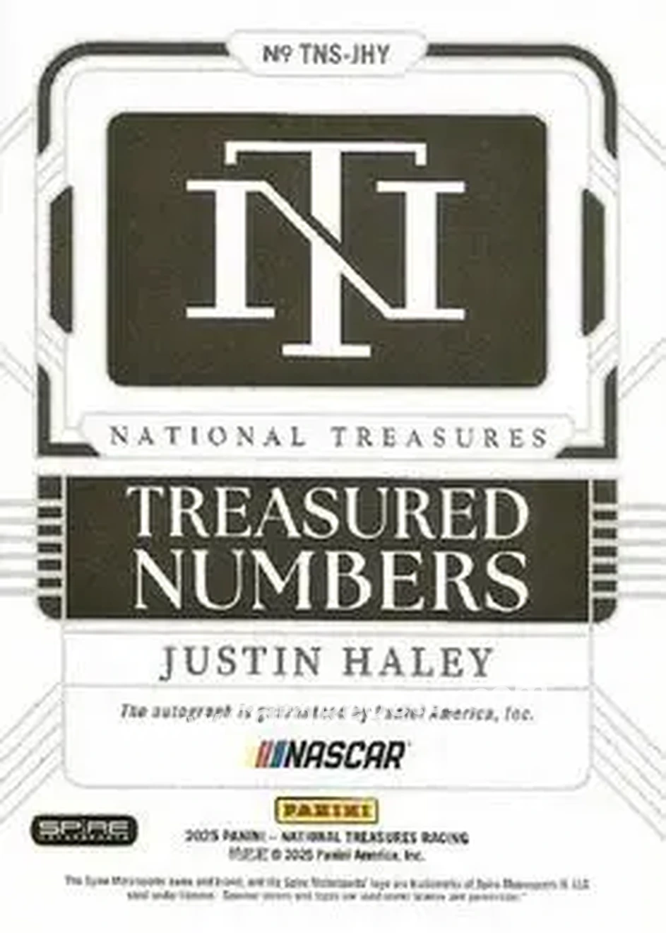 2025 Panini National Treasures - Treasured Numbers Signatures Platinum #TNS-JHY - Justin Haley - Spire Motorsports - Back