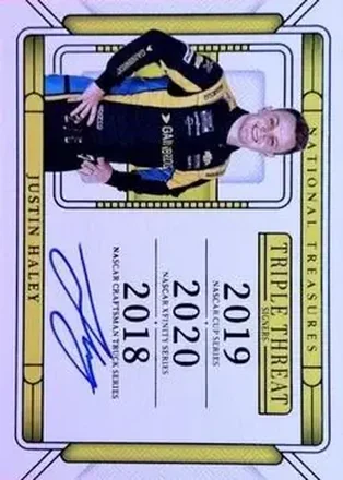 2025 Panini National Treasures - Triple Threat Signers Green #TTS-JHY - Justin Haley - Spire Motorsports