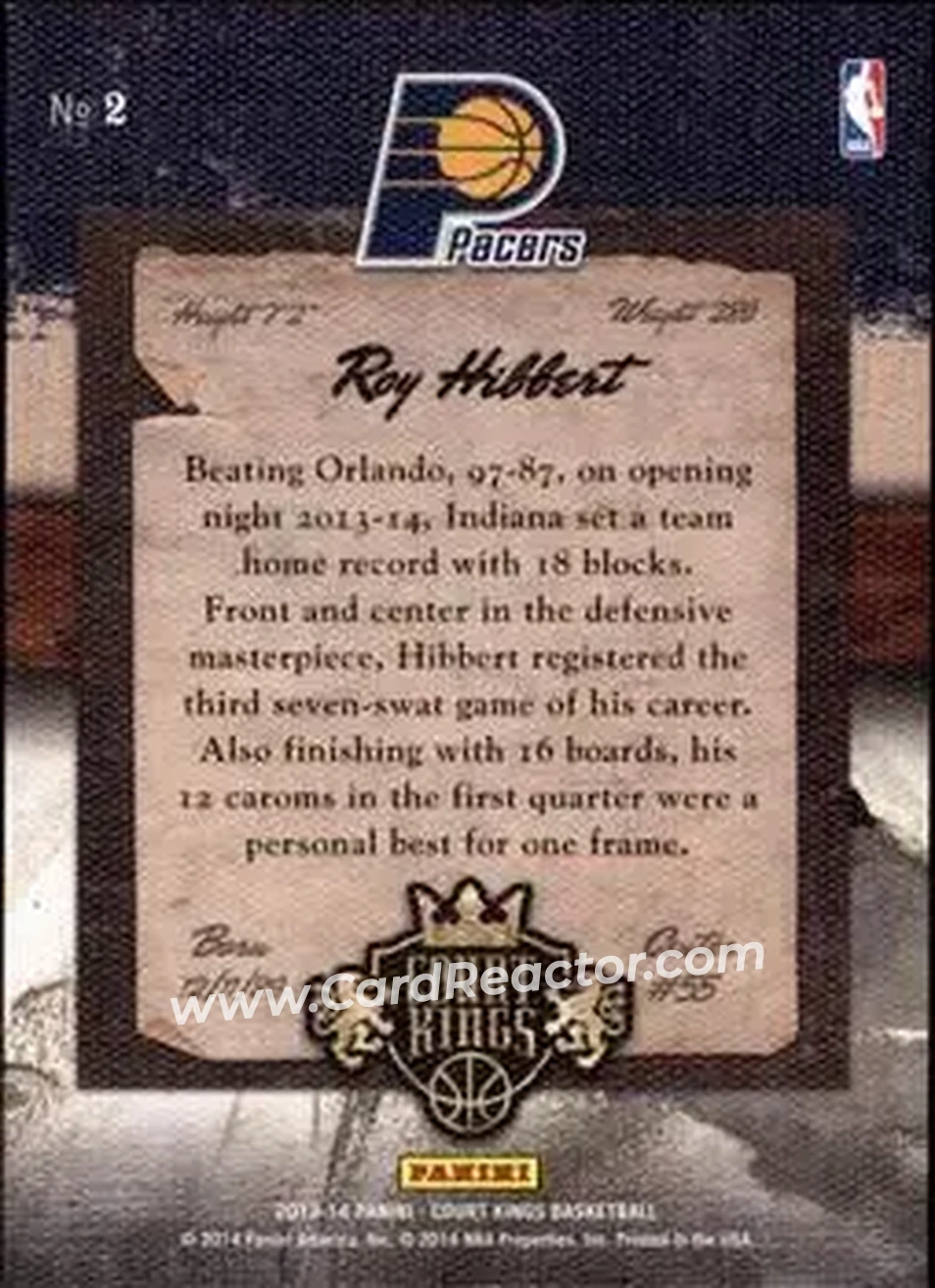 2013-14 Panini Court Kings #2 - Roy Hibbert - Indiana Pacers - Back