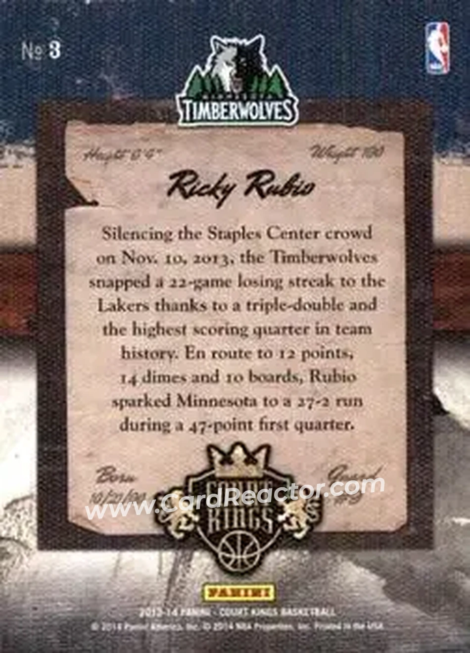 2013-14 Panini Court Kings #3 - Ricky Rubio - Minnesota Timberwolves - Back 2013-14 Panini Court Kings #3 - Ricky Rubio - Minnesota Timberwolves - Back