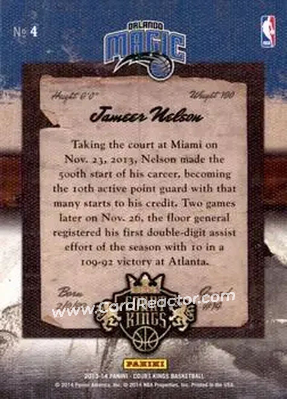 2013-14 Panini Court Kings #4 - Jameer Nelson - Orlando Magic - Back 2013-14 Panini Court Kings #4 - Jameer Nelson - Orlando Magic - Back
