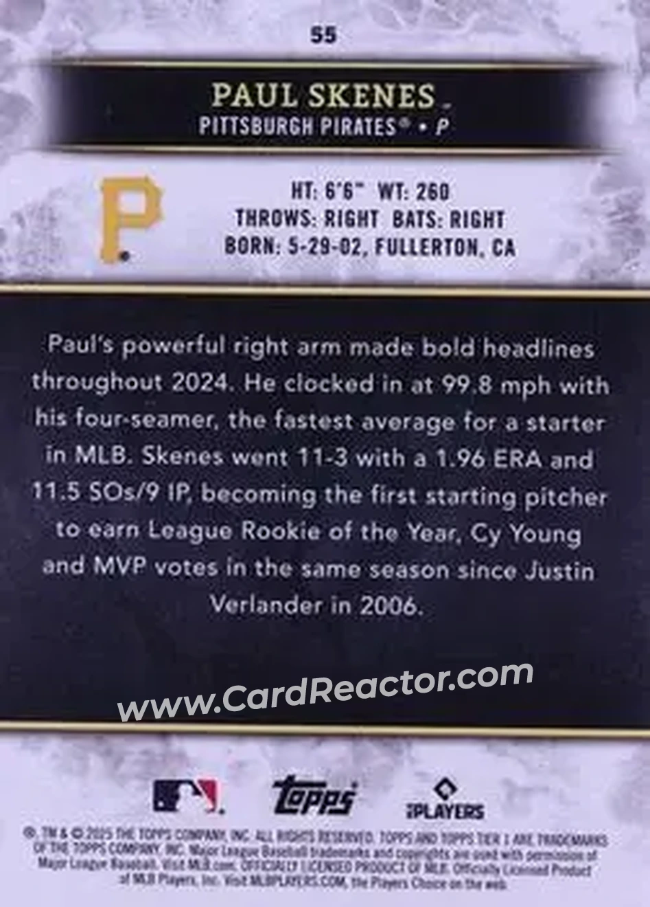 2025 Topps Tier One - Green Foil #55 - Paul Skenes - Pittsburgh Pirates - Back 2025 Topps Tier One - Green Foil #55 - Paul Skenes - Pittsburgh Pirates - Back