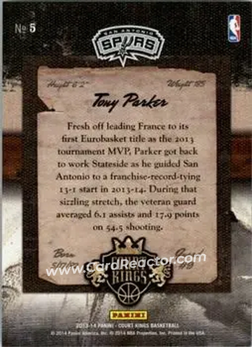 2013-14 Panini Court Kings #5 - Tony Parker - San Antonio Spurs - Back 2013-14 Panini Court Kings #5 - Tony Parker - San Antonio Spurs - Back