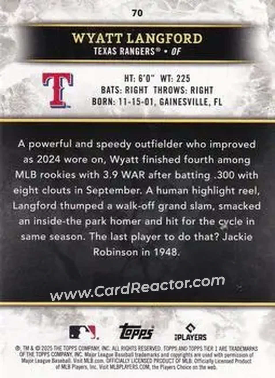 2025 Topps Tier One - Green Foil #70 - Wyatt Langford - Texas Rangers - Back 2025 Topps Tier One - Green Foil #70 - Wyatt Langford - Texas Rangers - Back