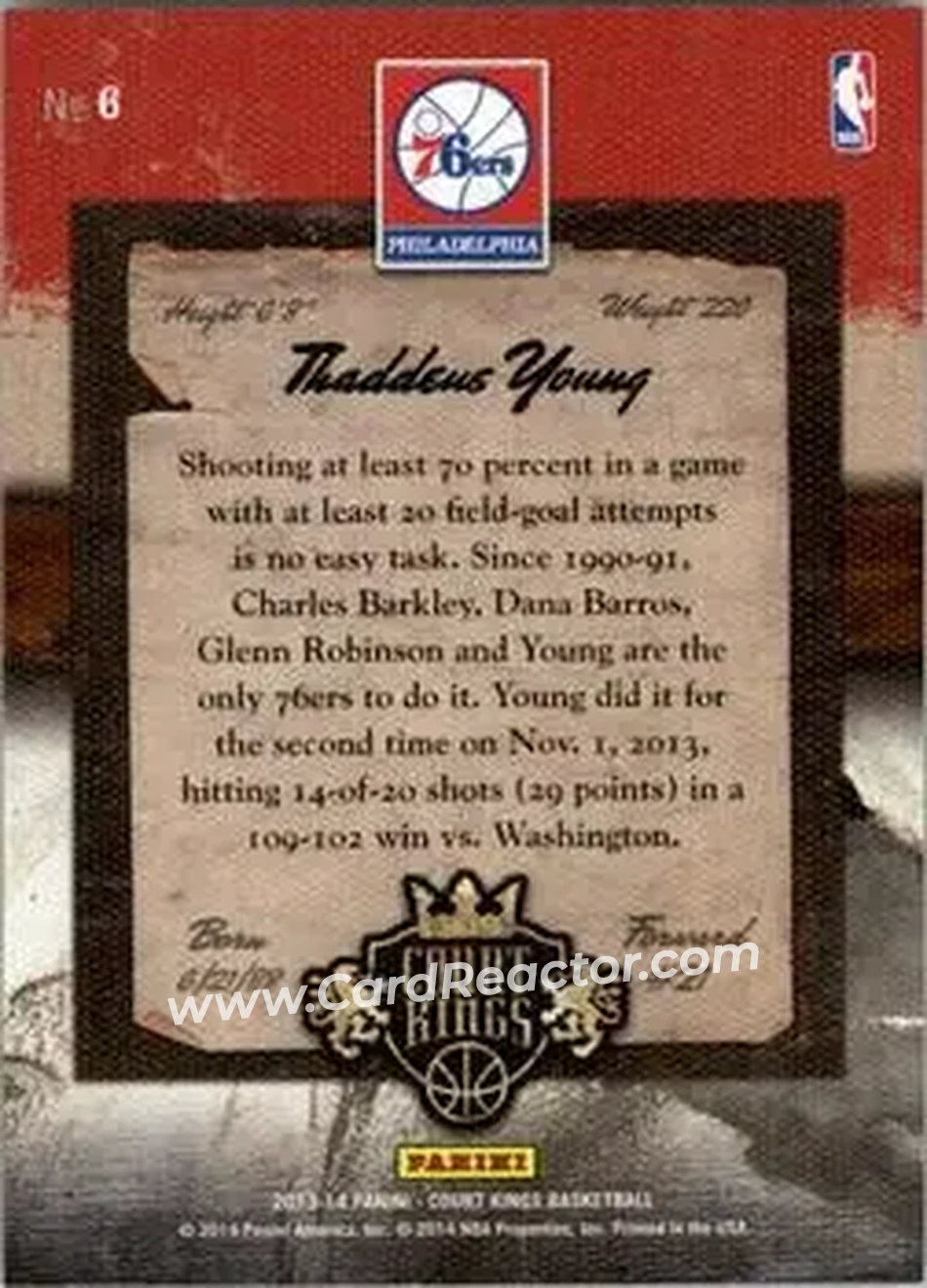 2013-14 Panini Court Kings #6 - Thaddeus Young - Philadelphia 76ers - Back 2013-14 Panini Court Kings #6 - Thaddeus Young - Philadelphia 76ers - Back