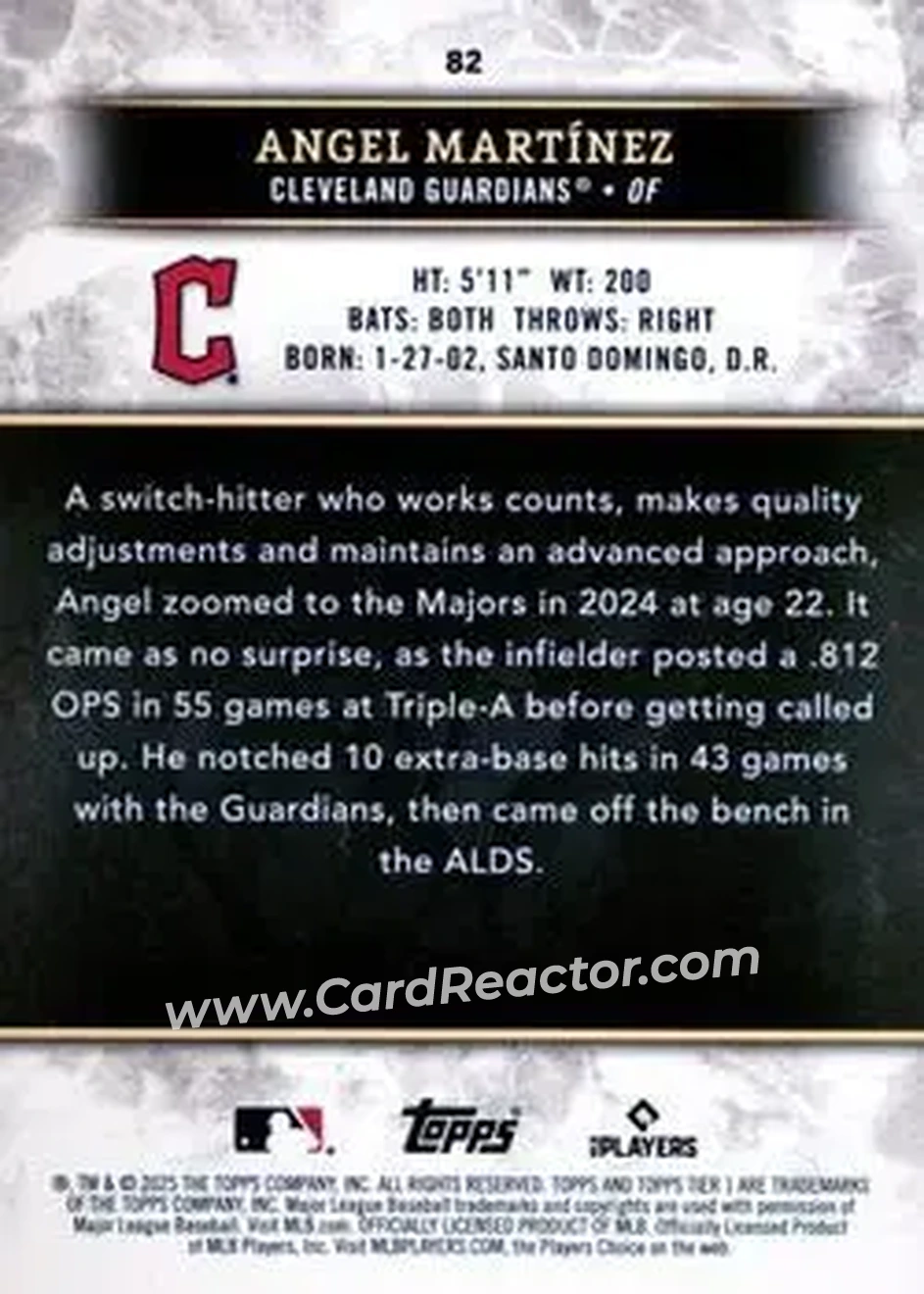 2025 Topps Tier One - Green Foil #82 - Angel Martínez - Cleveland Guardians - Back