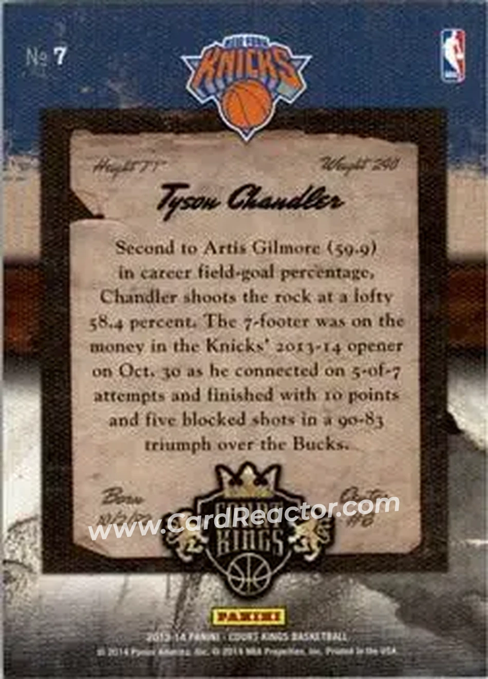 2013-14 Panini Court Kings #7 - Tyson Chandler - New York Knicks - Back