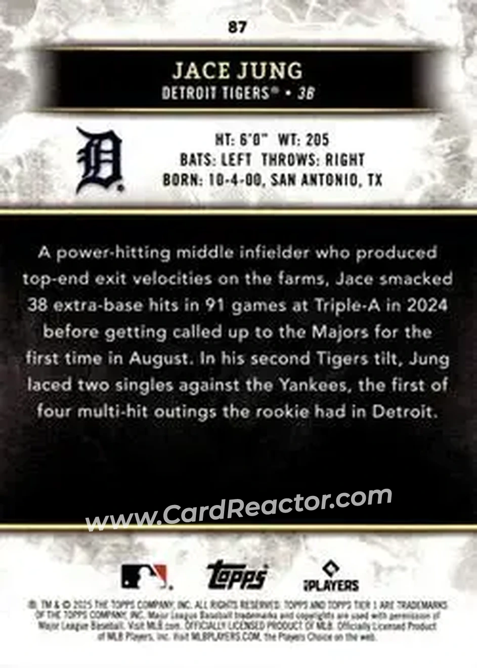 2025 Topps Tier One - Green Foil #87 - Jace Jung - Detroit Tigers - Back