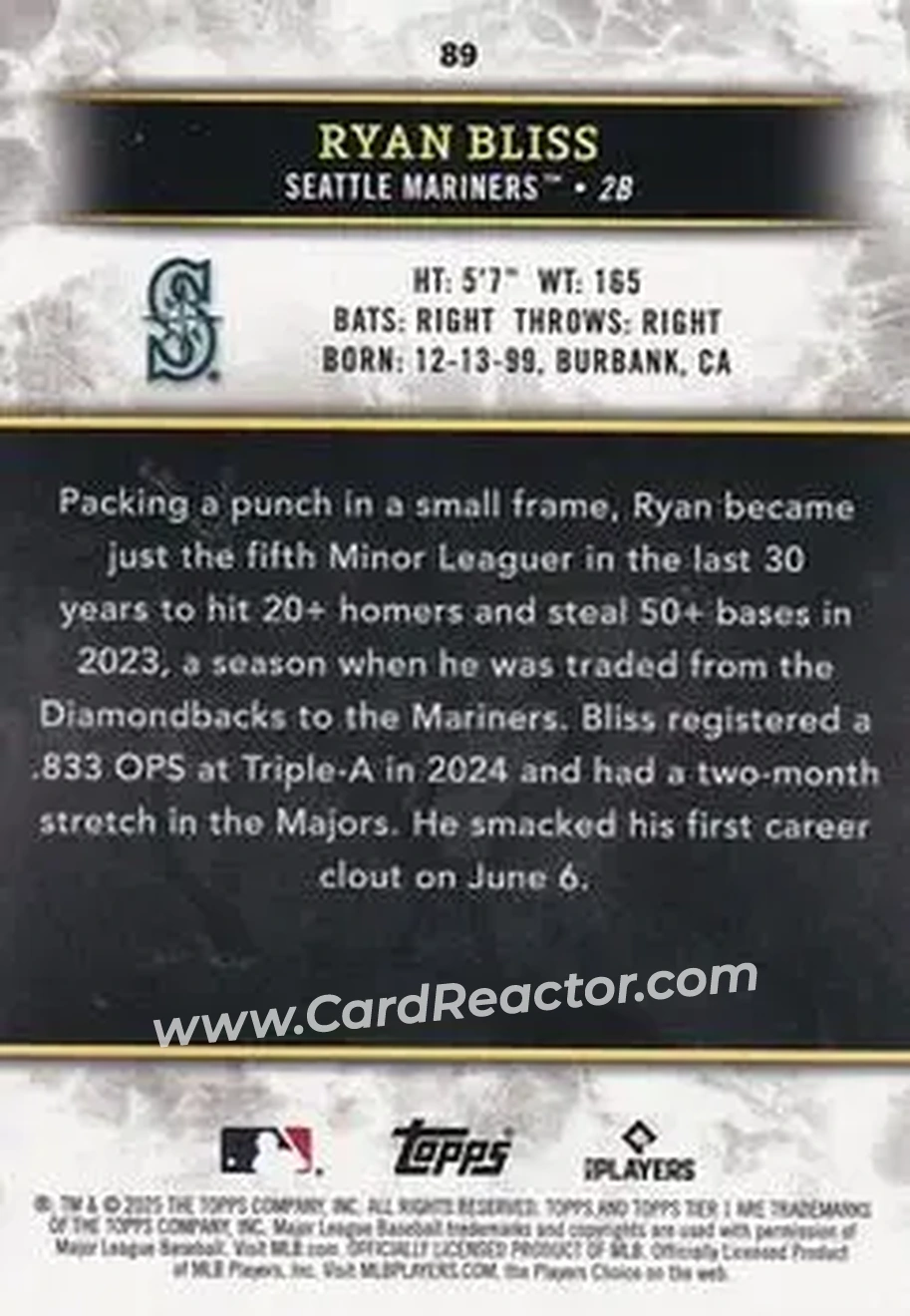 2025 Topps Tier One - Green Foil #89 - Ryan Bliss - Seattle Mariners - Back 2025 Topps Tier One - Green Foil #89 - Ryan Bliss - Seattle Mariners - Back