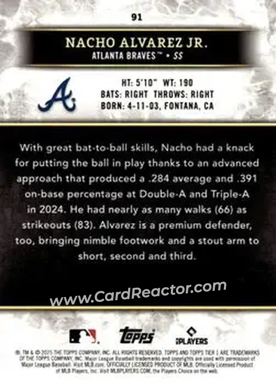 2025 Topps Tier One - Green Foil #91 - Nacho Alvarez Jr. - Atlanta Braves - Back