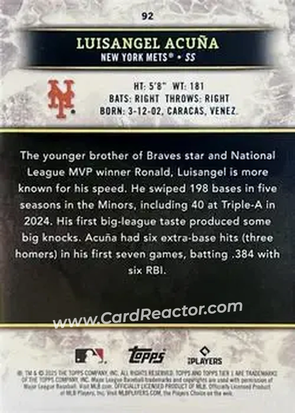 2025 Topps Tier One - Green Foil #92 - Luisangel Acuña - New York Mets - Back 2025 Topps Tier One - Green Foil #92 - Luisangel Acuña - New York Mets - Back