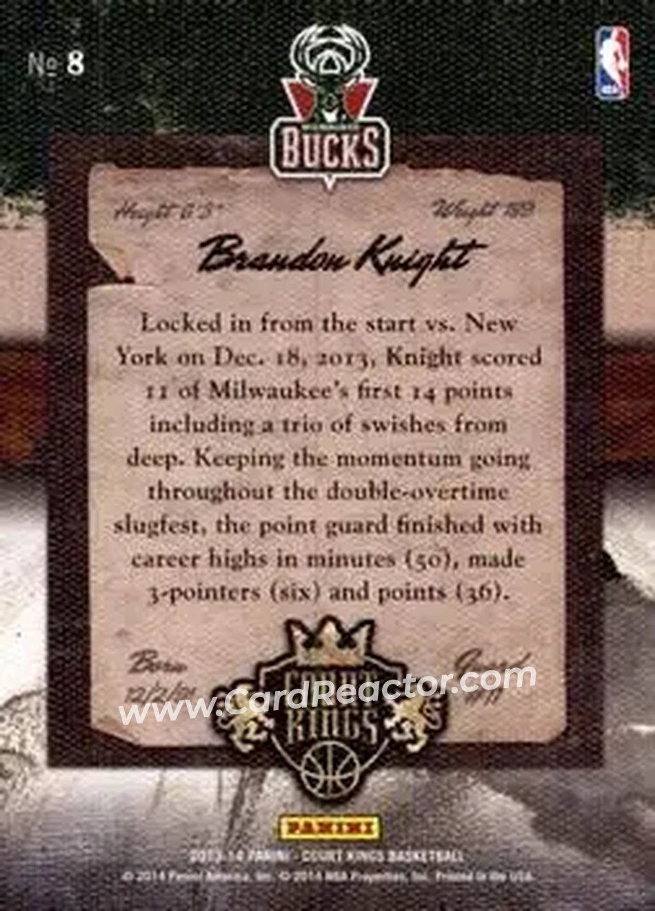 2013-14 Panini Court Kings #8 - Brandon Knight - Milwaukee Bucks - Back