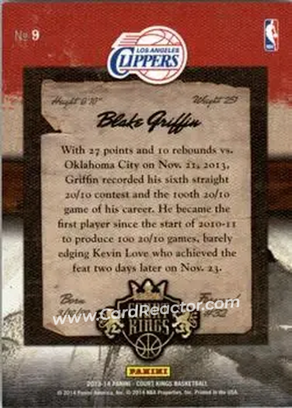 2013-14 Panini Court Kings #9 - Blake Griffin - Los Angeles Clippers - Back 2013-14 Panini Court Kings #9 - Blake Griffin - Los Angeles Clippers - Back