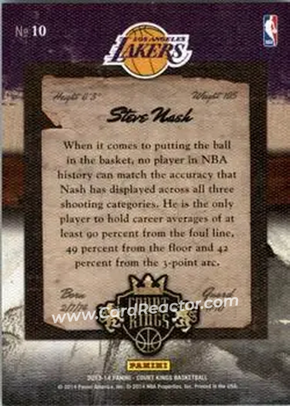2013-14 Panini Court Kings #10 - Steve Nash - Los Angeles Lakers - Back