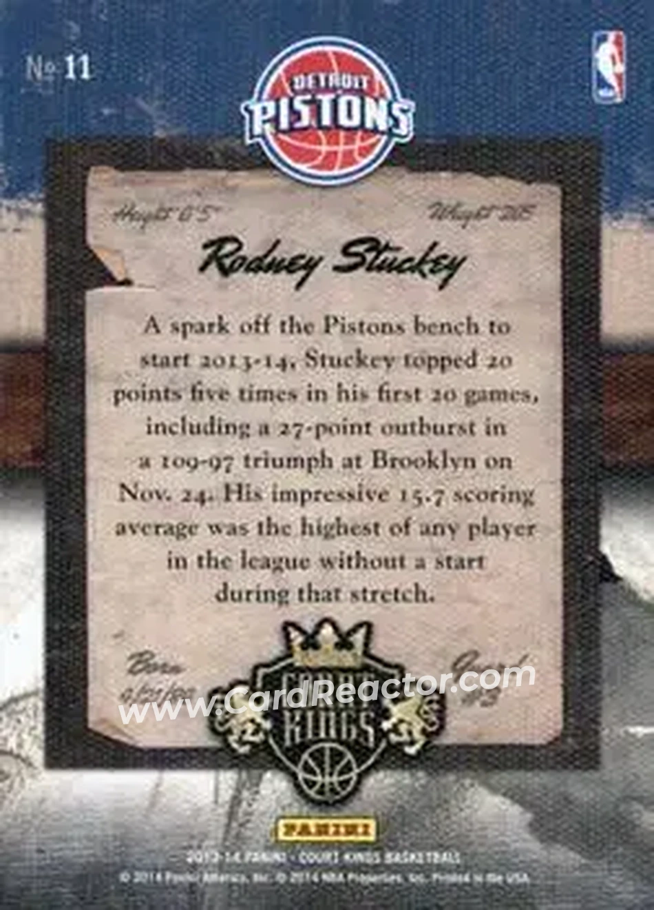 2013-14 Panini Court Kings #11 - Rodney Stuckey - Detroit Pistons - Back