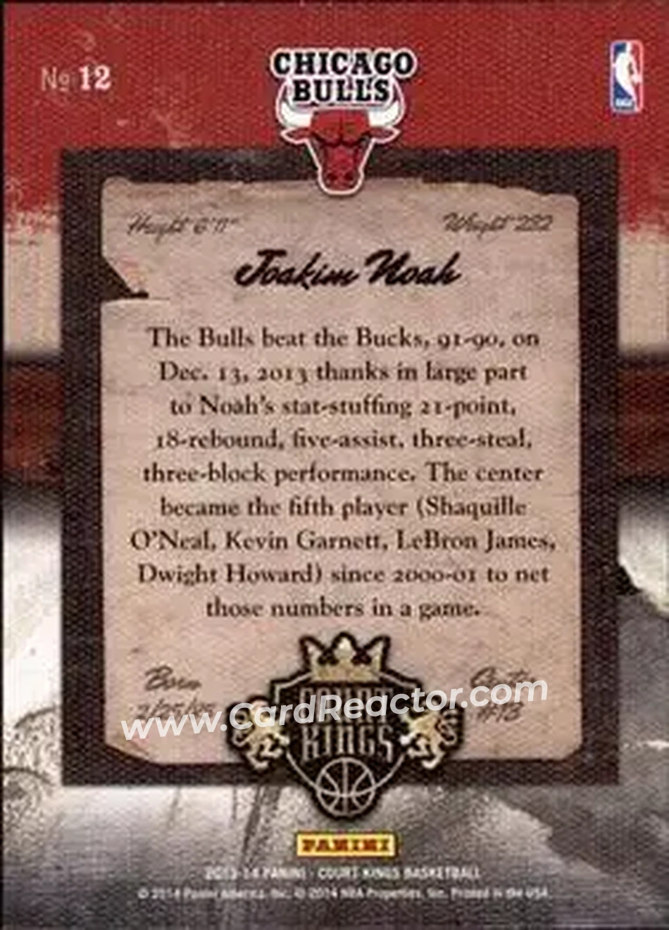2013-14 Panini Court Kings #12 - Joakim Noah - Chicago Bulls - Back