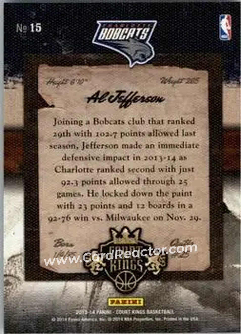 2013-14 Panini Court Kings #15 - Al Jefferson - Charlotte Bobcats - Back