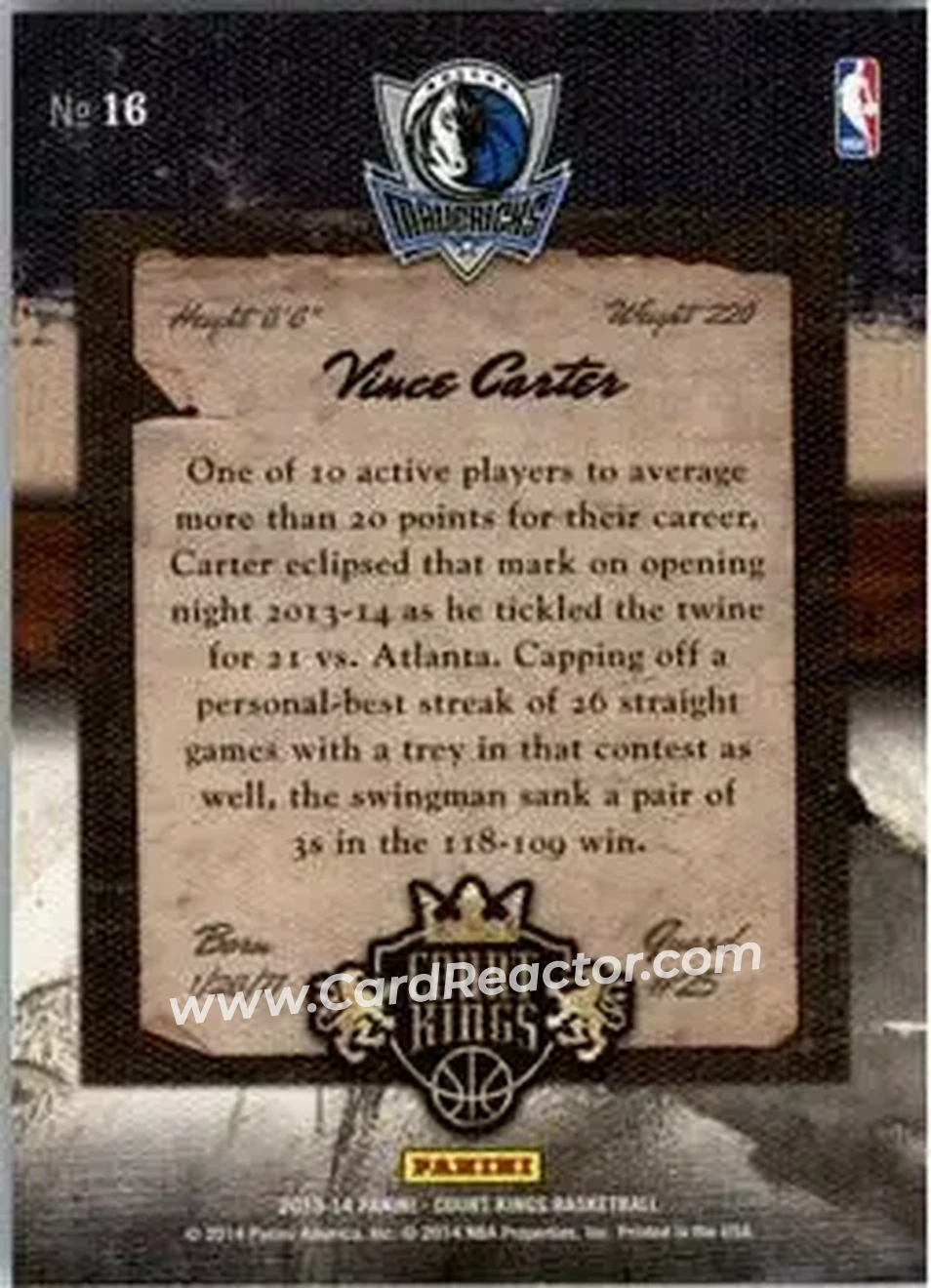 2013-14 Panini Court Kings #16 - Vince Carter - Dallas Mavericks - Back 2013-14 Panini Court Kings #16 - Vince Carter - Dallas Mavericks - Back