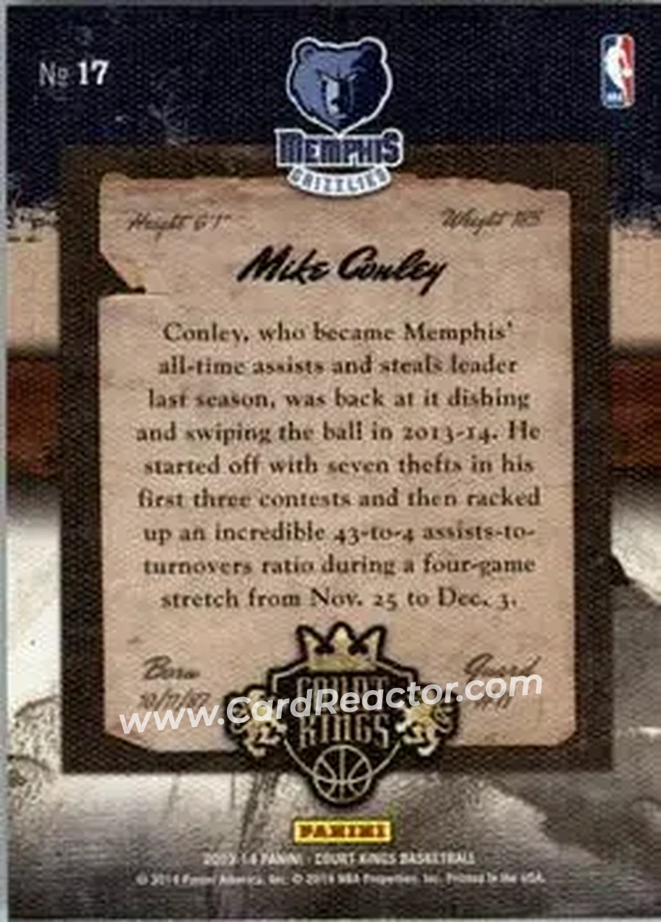 2013-14 Panini Court Kings #17 - Mike Conley - Memphis Grizzlies - Back 2013-14 Panini Court Kings #17 - Mike Conley - Memphis Grizzlies - Back