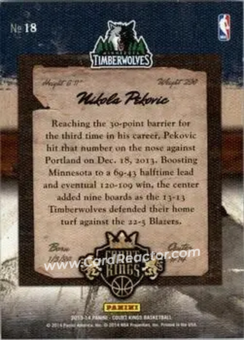 2013-14 Panini Court Kings #18 - Nikola Peković - Minnesota Timberwolves - Back 2013-14 Panini Court Kings #18 - Nikola Peković - Minnesota Timberwolves - Back