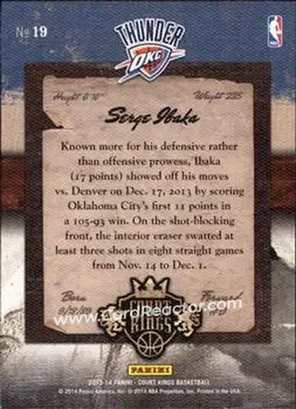 2013-14 Panini Court Kings #19 - Serge Ibaka - Oklahoma City Thunder - Back