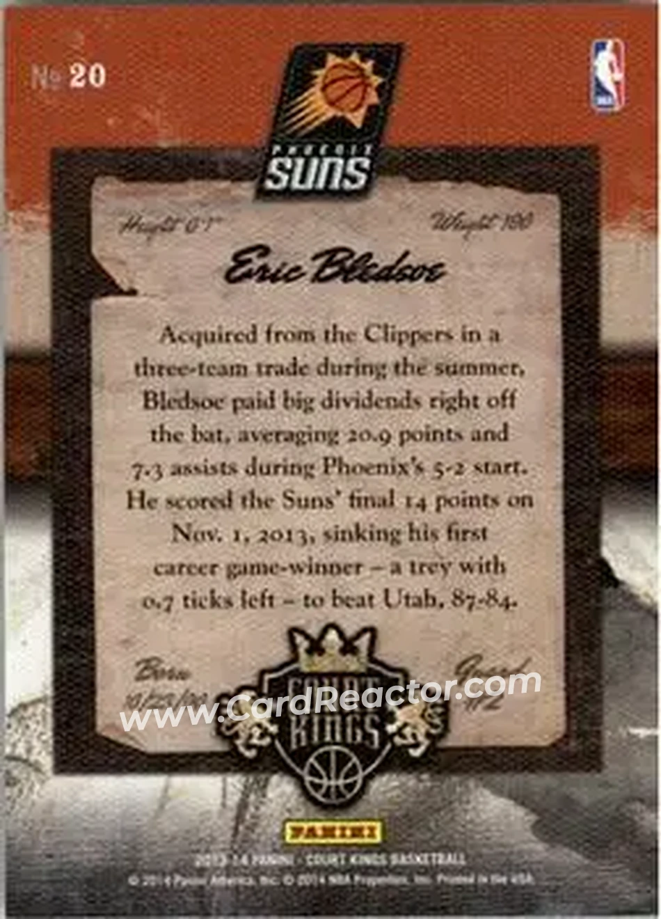 2013-14 Panini Court Kings #20 - Eric Bledsoe - Phoenix Suns - Back