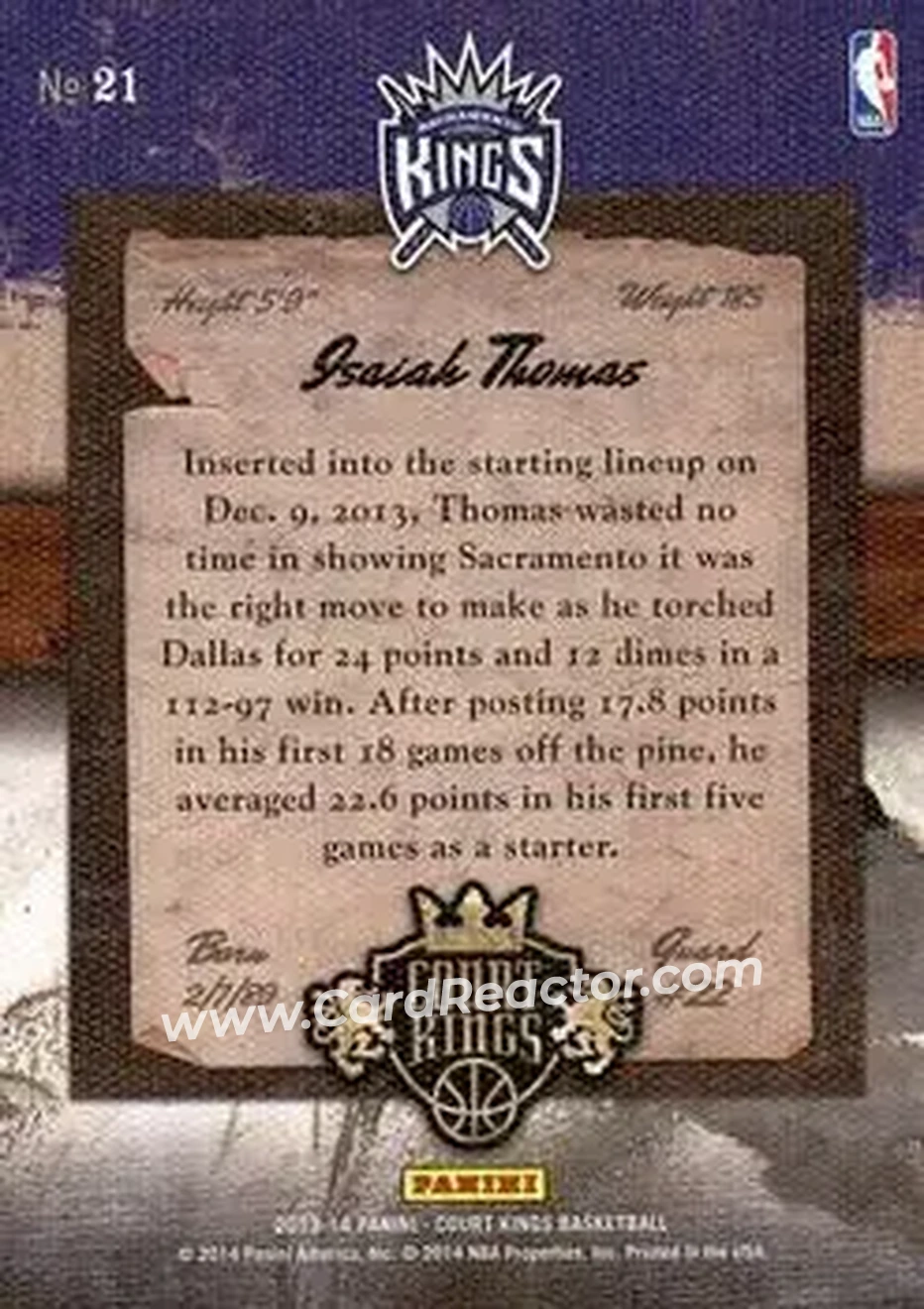 2013-14 Panini Court Kings #21 - Isaiah Thomas - Sacramento Kings - Back 2013-14 Panini Court Kings #21 - Isaiah Thomas - Sacramento Kings - Back