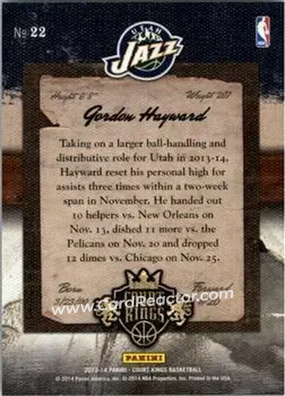 2013-14 Panini Court Kings #22 - Gordon Hayward - Utah Jazz - Back