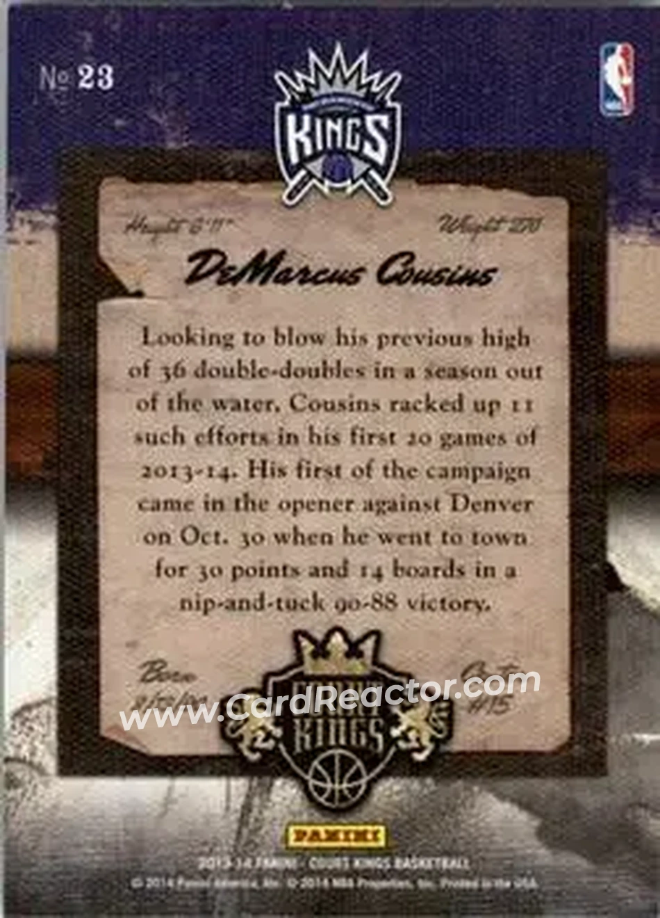2013-14 Panini Court Kings #23 - DeMarcus Cousins - Sacramento Kings - Back