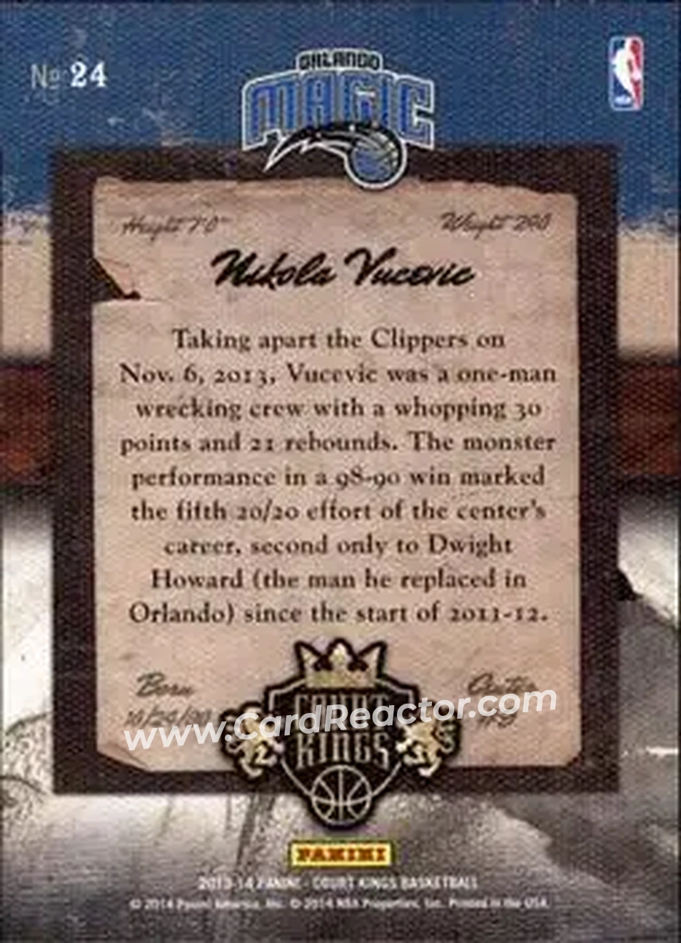 2013-14 Panini Court Kings #24 - Nikola Vučević - Orlando Magic - Back