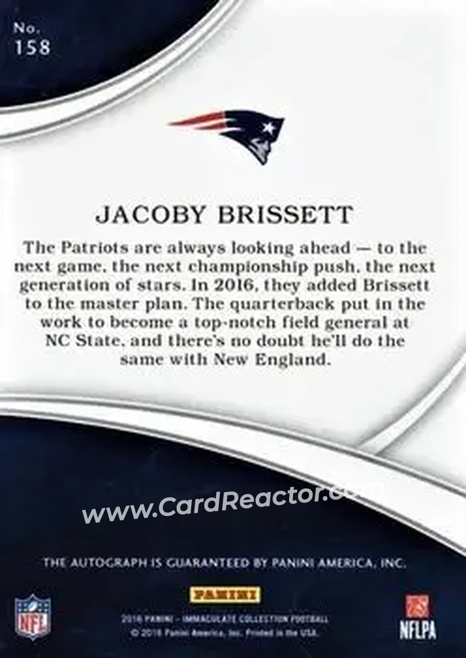 2016 Panini Immaculate Collection #158 - Jacoby Brissett - New England Patriots - Back 2016 Panini Immaculate Collection #158 - Jacoby Brissett - New England Patriots - Back