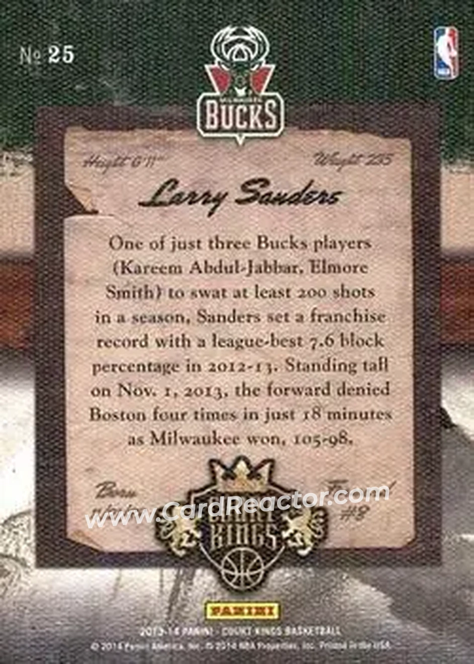 2013-14 Panini Court Kings #25 - Larry Sanders - Milwaukee Bucks - Back