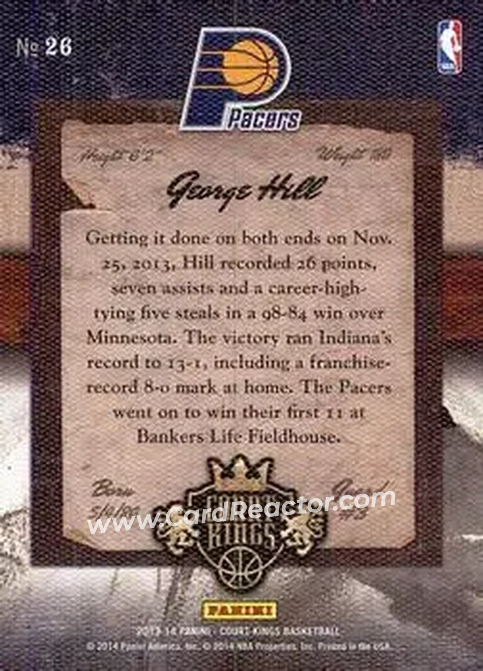 2013-14 Panini Court Kings #26 - George Hill - Indiana Pacers - Back